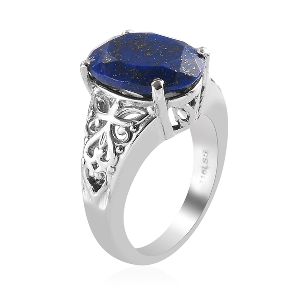 UNISEX STAINLESS STEEL BLUE LAPIS LAZULI SCROLLWORK RING - Picture 2 of 6